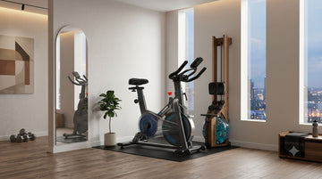 Eine schöne, platzoptimierte Ecke in einer modernen Wohnung mit einem Wenoker JC302 Magnet-Heimtrainer und einem senkrecht verstauten Wasserrudergerät auf einer schützenden PVC-Matte