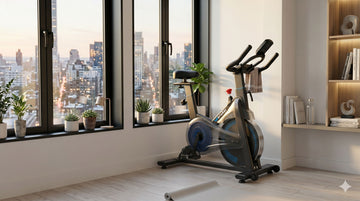 Ein kompakter Wenoker JC302 Magnet-Heimtrainer, ordentlich in der Ecke eines modernen, minimalistischen Studio-Apartments neben einem Fenster platziert