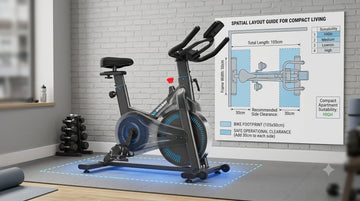 A dimensional blueprint graphic illustrating the static floor footprint and lateral clearance zones required for a compact apartment stationary cycle