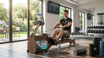 A fitness enthusiast using the Wenoker RW211-50 water rowing machine for summer fat loss