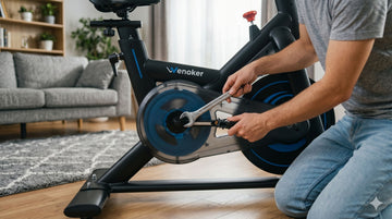 A person using an open-ended wrench to firmly tighten the metal threads of a stationary cycle pedal into the steel crank arm