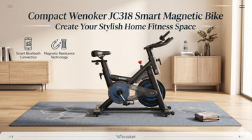 Ein Werbebanner mit Rabattaktion, das den kompakten, smarten Wenoker JC318 Magnet-Heimtrainer auf einer eleganten Trainingsmatte zeigt