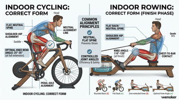 A technical breakdown image showcasing correct alignment points, knee bend angles, and flat back posture for indoor cycling and rowing