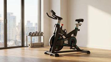 Elegantes schwarz-blaues Wenoker JC312 Speedbike mit Magnetwiderstand in einer hellen, modernen Home-Gym-Ecke für intensives, flüsterleises Ausdauertraining.