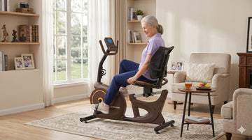 A mother enjoying a workout on the Wenoker JC505 recumbent exercise bike for seniors