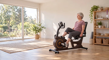 Ältere Person, die in einem hellen Fitnessraum zu Hause in sanftem Tempo auf einem Liegeergometer trainiert.