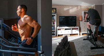 Eine Person überlegt in einem modernen Homegym, ob sie sich für ein Wenoker Laufband oder einen Wenoker Heimtrainer entscheiden soll.